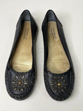 Michelle D Brown Leather Ballet Flats Studded Floral Toe Women’s Size 6M